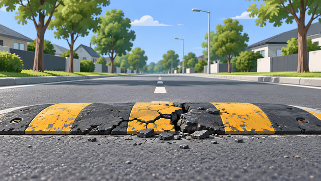 Broken yellow and black speed bump on a suburban asphalt road illustrating infrastructure damage