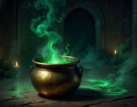 Magic witch cauldron with bubbling glowing green potion and smoke in dark ancient dungeon room