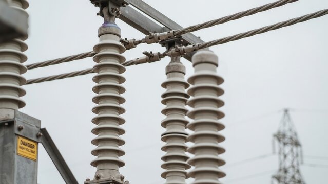 High voltage porcelain insulators connected to power lines at an electrical substation. Represents industrial energy infrastructure and grid technology concepts.