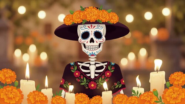 Traditional Calavera Catrina skeleton with marigolds and candles in a glowing bokeh motion graphic
