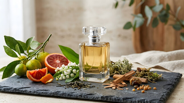 glass perfume bottle with natural ingredients and citrus on slate