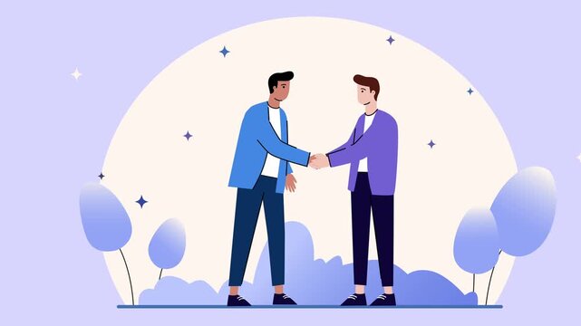 Two businessmen shaking hands in flat vector illustration motion clip