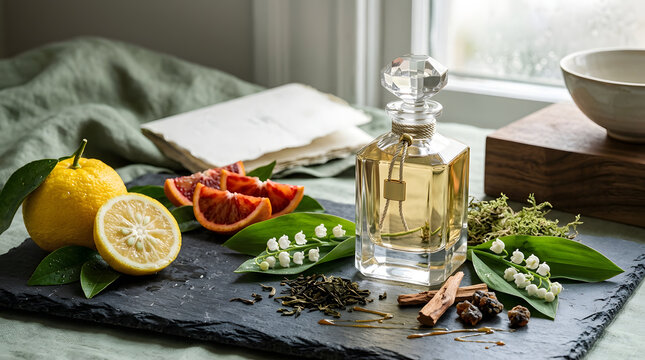 Luxury perfume bottle with citrus and floral ingredients on slate