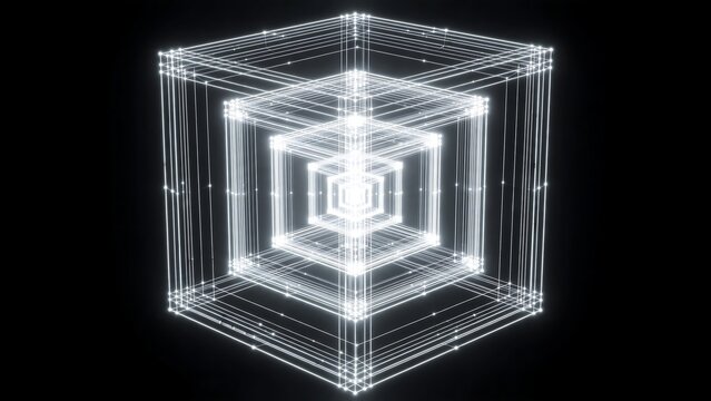 A glowing wireframe cube structure consisting of nested geometric boxes on a black background with design multiple nested glowing lines vertices vertices against deep light