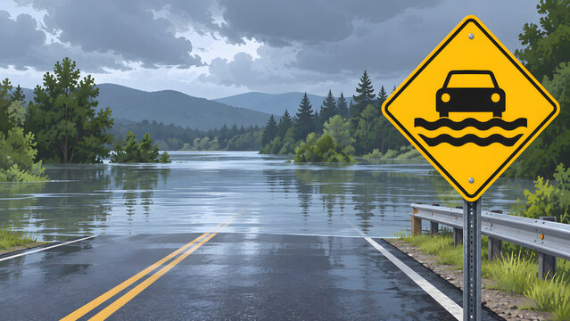 Flooded road with yellow warning sign and high water levels after heavy rain and storm