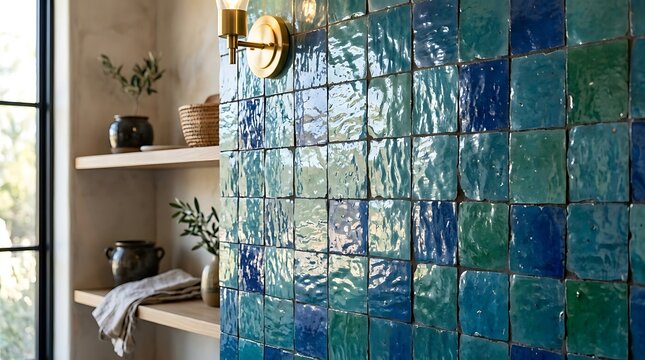 Interior Wall with Glossy Blue and Green Zellige Ceramic Tiles and Brass Wall Sconce Lighting