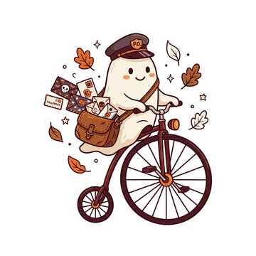 Cute ghost postman riding vintage penny farthing bicycle delivering halloween mail vector sticker isolated on transparent background