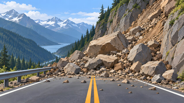 Landslide blocking mountain pass road with large boulders and rockfall debris