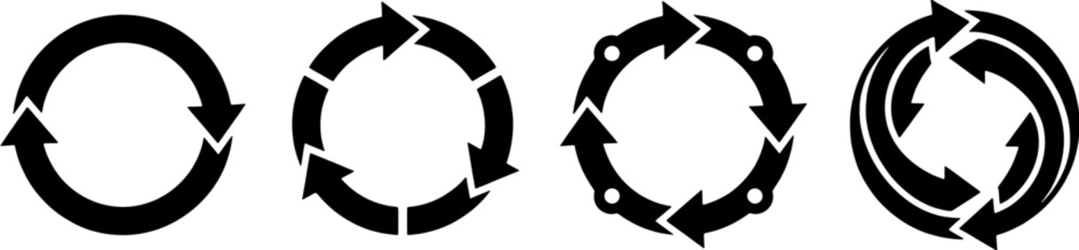 Recycle arrow icon set in a flat black silhouette style including circular arrows, loop signs and rotation symbols.