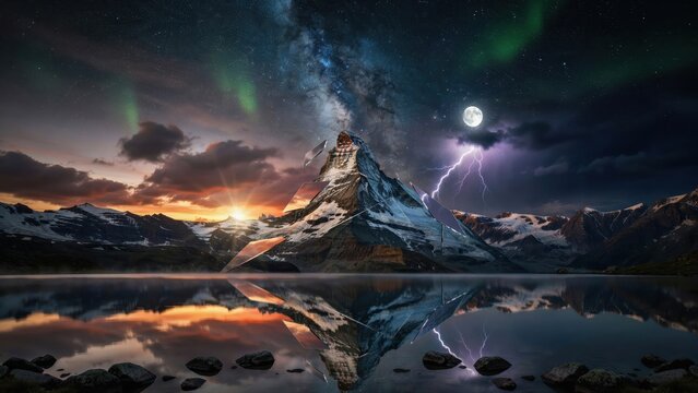 Surreal Matterhorn mountain with shattered glass reflections under a dramatic starry sky with aurora. Use this for fantasy travel or climate change conceptual themes.