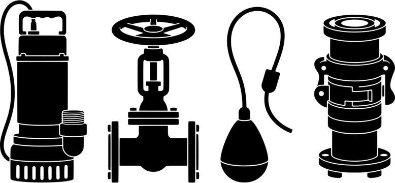 Industrial pump and valve icon set in simple black silhouette style including submersible pump, gate valve, float switch and pipe connector.