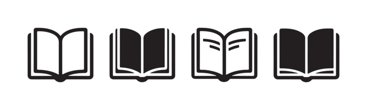 Four detailed icons of open books in black silhouette for reading and study.