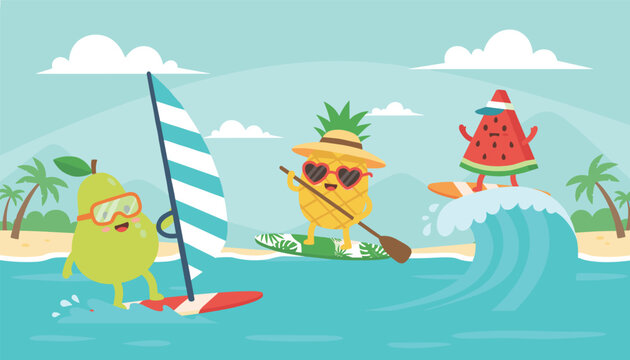 Fun summer scene showing cute cartoon fruit characters enjoying water sports like windsurfing, paddleboarding, and surfing on waves.