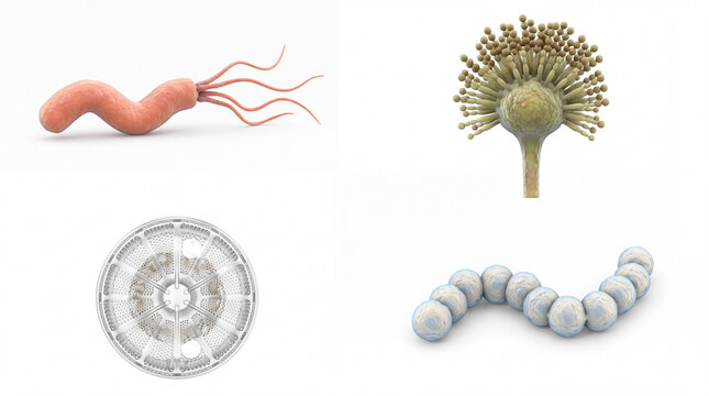 Microbiology set of microscopic organisms isolated on white background, 3d illustrations of helicobacter pylori, aspergillus mold, diatom and streptococcus bacteria