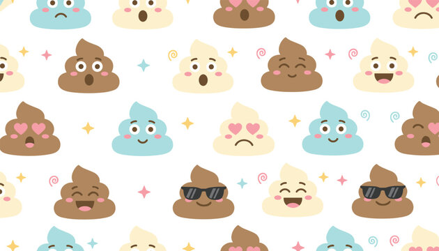 Seamless pattern of cute cartoon poop emoji characters with various expressions such as happy, shocked, sunglasses, and love hearts.