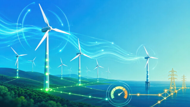 Wind turbines and wind turbine symbolizing renewable resources low carbon progress and environmental responsibility