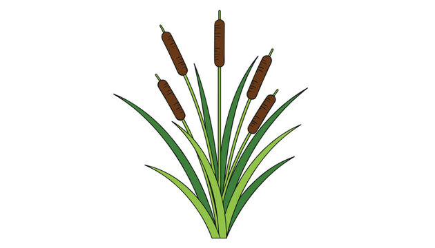 Green cattail reeds plant with brown seed heads standing tall in simple botanical vector illustration on white.