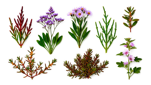 Set of coastal wildflowers and succulent plants with green red and purple colors on white.