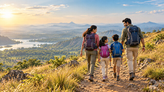 Indian Family Hiking Together on a Scenic Mountain Trail at Sunrise