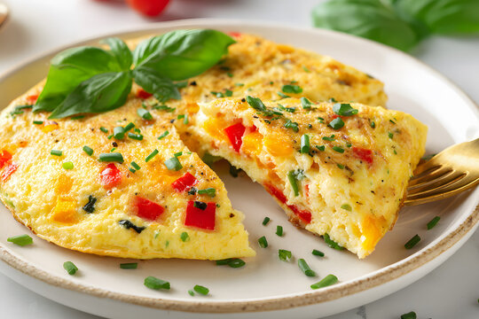 Omlet warzywny z papryką, szczypiorkiem i świeżą bazylią podany na białym talerzu.