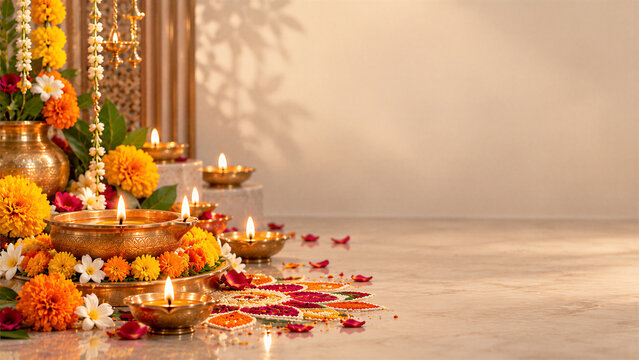 Happy Diwali Festival Background with Traditional Brass Diyas, Marigold Flowers and Copy Space