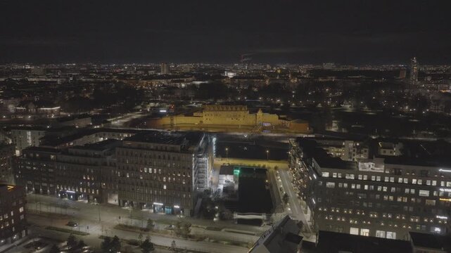 Flying towards Malmohus slott, Malmo Sweden