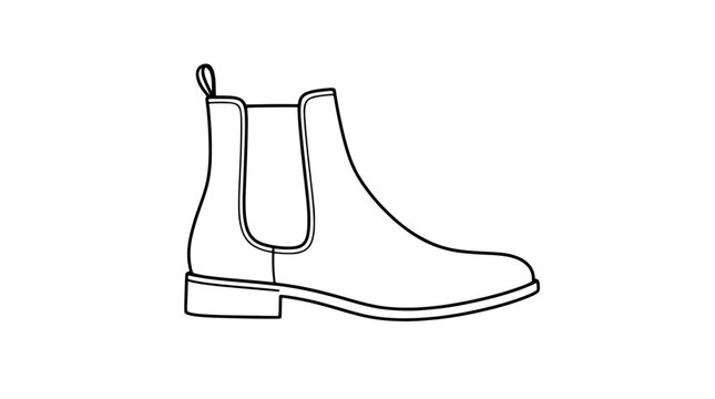 Black outline vector icon of a classic chelsea boot in side profile with elastic side panel low block heel pull loop and stitched sole drawn with bold clean lines in sleek minimal lateral view