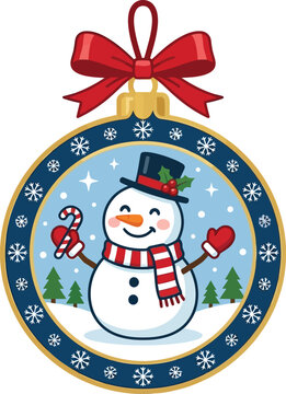 Christmas Cute cartoon snowman with candy cane and top hat holding mittens, cheerful holiday decoration for greeting