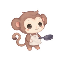 Cute little monkey chef cooking with frying pan in soft pastel colors isolated png © zukinny6