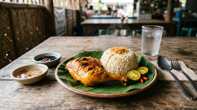 Grilled Filipino chicken with garlic rice, calamansi, chili, and dipping sauces served on a banana leaf