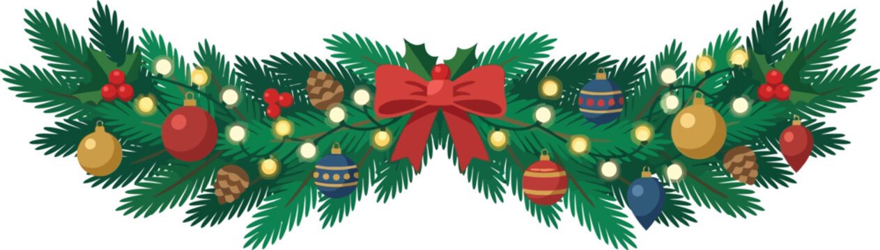 Christmas Vibrant garland with red bows, gold ornaments, and green pine leaves for festive holiday greeting cards