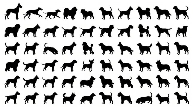 Black vector silhouette collection of domestic dogs in diverse breeds, sizes, poses, and walking styles, arranged in neat rows on a clean white background.