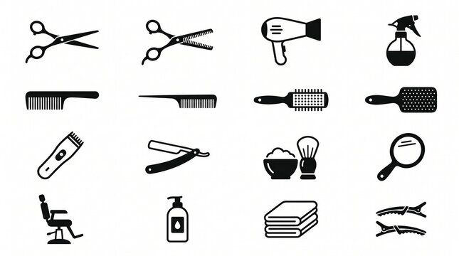 Minimalist black-and-white hair salon vector icon collection featuring combs, brushes, scissors, razors, shampoo bottles, hairdryers, barber chairs, towels, and grooming accessories, white background.