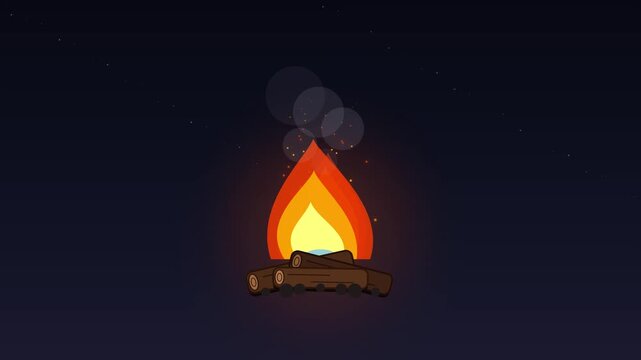 Minimalist vector animation of a burning campfire under a dark starry night sky with glowing flames, sparks, and smoke.