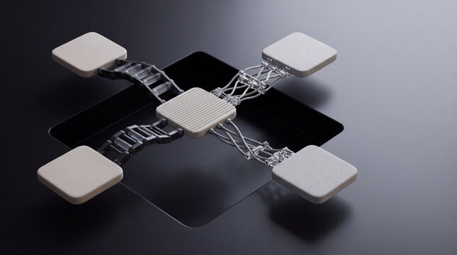 Abstract geometric structure with interconnected white modules and translucent lattice framework displayed against a dark gradient surface for tech industrial design or corporate web template.