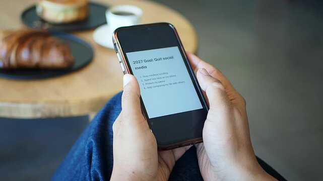 A woman sits at a cafe and checks his phone with personal goals for 2027