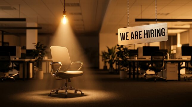 Modern office hiring sign illuminated in empty workspace with vacant