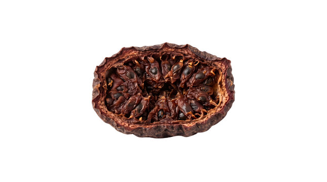 Dried bael fruit slice isolated on white background, organic herbal tea ingredient, brown dehydrated wood apple fruit for traditional medicine