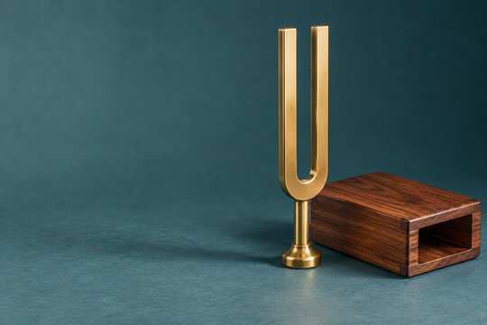 A brass tuning fork and wooden resonator create a refined musical still life on a teal background.