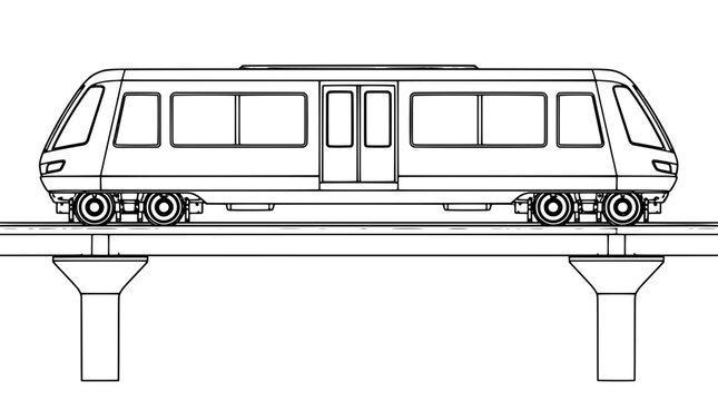 Black outline vector icon of a monorail train carriage with multiple windows and central double doors riding on rubber wheels atop an elevated concrete viaduct rendered with thin lines in side view