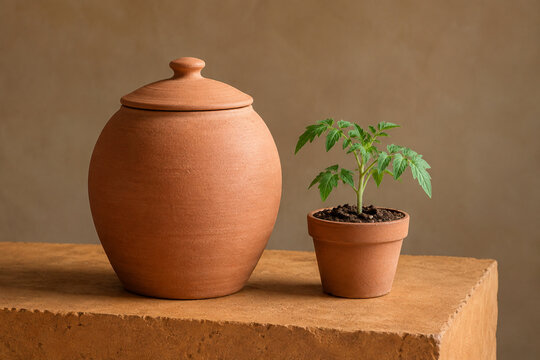 Terracotta irrigation pot with a fitted lid beside a young tomato plant in warm earthy light.