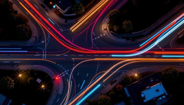 The image depicts an aerial view of a busy intersection at night, illuminated by colorful light trails from moving vehicles