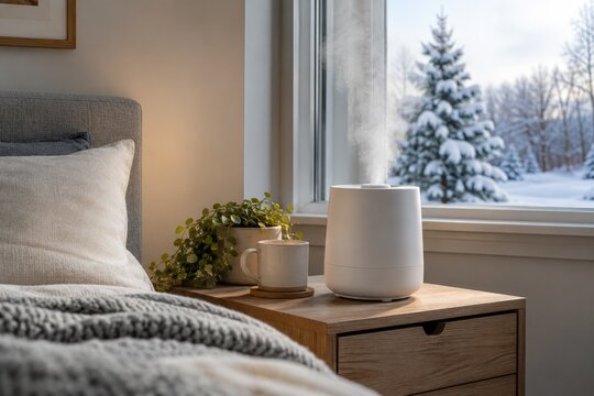 White humidifier on bedside table in a bright winter bedroom