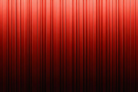 Vertical red metal corrugated panels with gradient shadows, abstract industrial wall texture background, featuring parallel lines, and deep