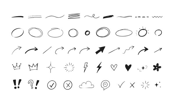 Minimal Black Doodle Highlights, Sketch Accents and Decorative Symbols Set.