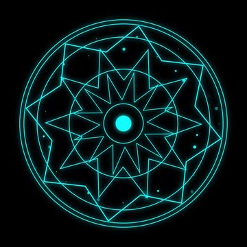 Glowing cyan neon magical rune circle portal with sacred geometry