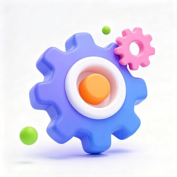 Colorful glossy 3d gear wheels with blue pink orange and green spheres on clean white background representing system setting process and modern technology mechanism concept