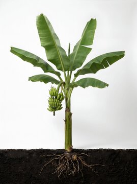 Banana Tree with Green Banana Bunch Growing in Soil Cross Section Showing Roots and Corm Tropical Agriculture
