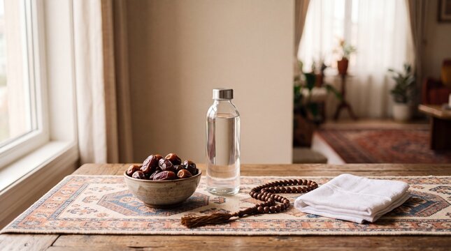 Dates, water bottle and prayer beads on table at home, Umrah and Ramadan gifts concept with copy space