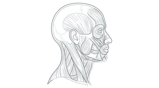 Detailed anatomical line art illustration of human head and neck musculature and skull structure in lateral profile view for medical education and scientific study purposes.